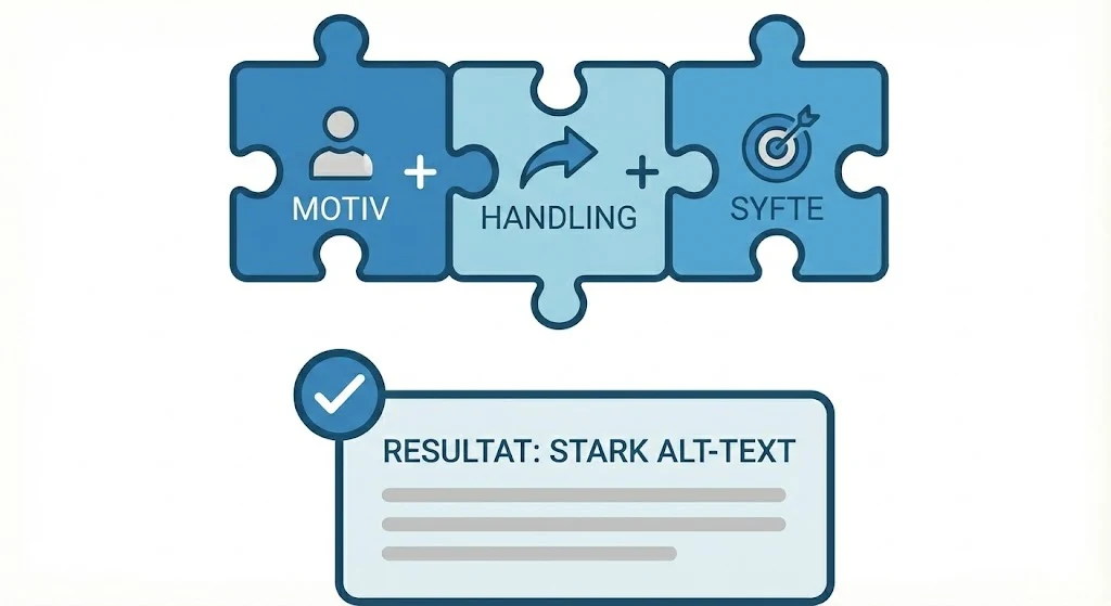 Tre pusselbitar med texterna Motiv + Handling + Syfte = Resultat: Stark Alt-Text