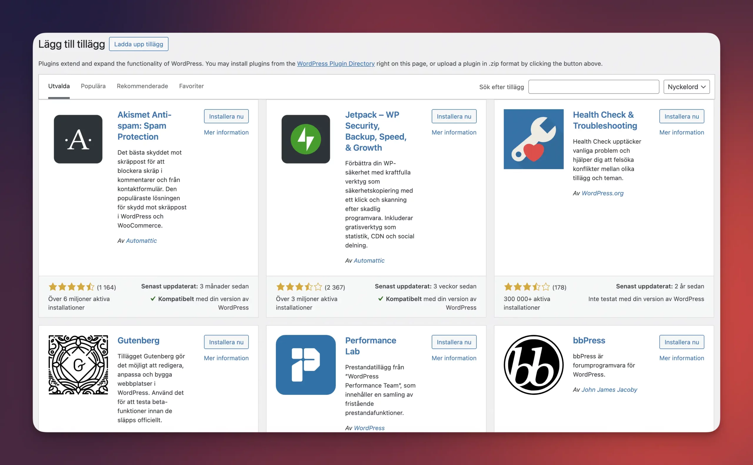 Sökfunktionen för tillägg i WordPress adminpanel som visar ett stort utbud av tillgängliga plugins.